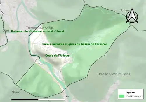 Carte des ZNIEFF de type 1 sur la commune.