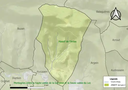 Carte de la ZNIEFF de type 2 sur la commune.