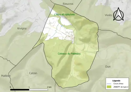 Carte des ZNIEFF de type 2 sur la commune.