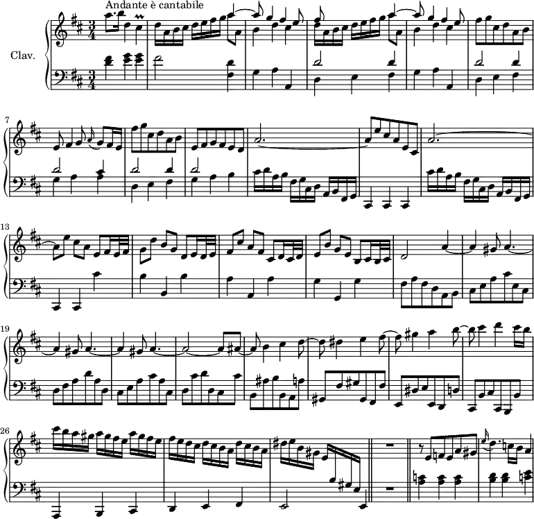 \version "2.18.2"
\header {
tagline = ##f
% composer = "Domenico Scarlatti"
% opus = "K. 478"
% meter = "Andante è cantabile"
}
%% les petites notes
trillCis = { \tag #'print { cis4\prall } \tag #'midi { d32 cis d cis~ cis8 } }
upper = \relative c'' {
\clef treble
\key d \major
\time 3/4
\tempo 4 = 76
s8*0^\markup{Andante è cantabile}
a'8. b16 d,4 \trillCis | d16 a b cis d e fis g
<< { a4~ | a8 g4 fis e8 | fis s4. a4~ | a8 g4 fis e8 }
\\ { a8 a, | b4 d cis | d16 a b cis d e fis g a8 a, | b4 d cis } >>
% ms. 6
fis8 g cis, d a b | e,8 fis4 g8 \appoggiatura a16 g8 fis16 e | fis'8 g cis, d a b | e, fis g fis e d |
% ms. 10
a'2.~ | a8 e' cis a e cis | a'2.~ | a8 e' cis a e fis16 e32 fis |
% ms. 14
g8 d' b g d e16 d32 e | fis8 cis' a fis cis d16 cis32 d | e8 b' g e b cis16 b32 cis | d2 a'4~ | \repeat unfold 3 { a gis8 a4.~ } |
% ms. 21
a2~ a8 ais~ | ais b4 cis d8~ | d dis4 e fis8~ | fis gis4 a b8~ |
% ms. 25
b8 cis4 d cis16 b | cis b a gis \repeat unfold 2 { a gis fis e } | fis e d cis \repeat unfold 2 { d cis b a } | dis e b gis e \stemUp \change Staff = "lower" b gis e \stemNeutral \change Staff = "upper" s4 \bar "||" R2. \bar "||"
% ms. 30
% ms. 36
r8 e'8 f e a gis | \appoggiatura e'16 d4. c16 b a4 |
}
lower = \relative c' {
\clef bass
\key d \major
\time 3/4
% ************************************** \appoggiatura a16 \repeat unfold 2 { } \times 2/3 { } \omit TupletNumber
< d fis >4 < e g > q | fis2 < fis, d' >4 | g a a, | << { d'2 d4 } \\ { d,4 e fis } >>
% ms. 5
g4 a a, | << { d'2 d4 | d2 cis4 | d2 d4 | d2 } \\ { d,4 e fis | g a a | d,4 e fis | g a b } >>
% ms. 10
cis16 d a b fis g cis, d a b fis g | cis,4 cis cis | cis''16 d a b fis g cis, d a b fis g | cis,4 cis cis'' |
% ms. 14
b4 b, b' | a a, a' | g g, g' | fis8 a fis d a b | cis e a cis e, cis |
% ms. 19
d8 fis a d a d, | cis e a cis a cis, | d cis' d d, cis cis' | b, ais' b b, a a' | gis, fis' gis gis, fis fis' | e, dis' e e, d d' |
% ms. 25
cis, b' cis cis, b b' | a,4 b cis | d e fis | e2 e4 | R2. |
% ms. 30
< a' c >4 q q | < b d > q < c e >
% ms. 36
}
thePianoStaff = \new PianoStaff <<
\set PianoStaff.instrumentName = #"Clav."
\new Staff = "upper" \upper
\new Staff = "lower" \lower
>>
\score {
\keepWithTag #'print \thePianoStaff
\layout {
#(layout-set-staff-size 17)
\context {
\Score
\override TupletBracket.bracket-visibility = ##f
\override SpacingSpanner.common-shortest-duration = #(ly:make-moment 1/2)
\remove "Metronome_mark_engraver"
}
}
}
\score {
\keepWithTag #'midi \thePianoStaff
\midi { \set Staff.midiInstrument = #"harpsichord" }
}