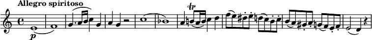 
\relative c'' {
  \version "2.18.2"
    \key c \major
    \time 4/4
    \tempo "Allegro spiritoso"
  e,1\p ( f )  
   g4. (a16 b  c4) g
   a  g  r2
   c1 (bes)
   a4 b!8\trill (a16 b) c4 d
   f8 (e) dis-. e-. d (c) b-. c-.
   b (a) gis-. a-. g (f) e-. f-.
   e2 (d4) r4
  }
