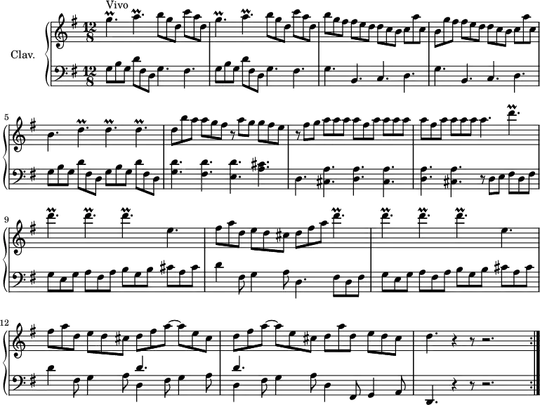 \version "2.18.2"
\header {
tagline = ##f
}
%% les petites notes
trillGpUp = { \tag #'print { g'4.\prall } \tag #'midi { a32 g a g~ g4 } }
trillAp = { \tag #'print { a4.\prall } \tag #'midi { b32 a b a~ a4 } }
trillDp = { \tag #'print { d4.\prall } \tag #'midi { e32 d e d~ d4 } }
upper = \relative c'' {
\clef treble
\key g \major
\time 12/8
\tempo 4. = 106
\set Staff.midiInstrument = #"harpsichord"
\override TupletBracket.bracket-visibility = ##f
s8*0^\markup{Vivo}
\repeat unfold 2 { \trillGpUp \trillAp b8 g d c' a d, } |
% ms. 3
b'8 g fis fis e d d c b c a' c, | b8 g' fis fis e d d c b c a' c, | b4. \repeat unfold 3 { \trillDp } |
% ms. 6
d8 b' a a g fis r8 a g g fis e | r8 fis g a a a \repeat unfold 2 { a fis a a a a } a4. \repeat unfold 4 { \trillDp } e,4. |
% ms. 10
fis8 a d, e d cis d fis a \repeat unfold 4 { \trillDp } e,4.
% ms. 12
fis8 a d, e d cis \repeat unfold 2 { d fis a~ a e cis } d a' d, e d cis | d4. r4 r8 r2. |
}
lower = \relative c' {
\clef bass
\key g \major
\time 12/8
\set Staff.midiInstrument = #"harpsichord"
\override TupletBracket.bracket-visibility = ##f
% **************************************
\repeat unfold 2 { g8 b g d' fis, d g4. fis } |
% ms. 3
\repeat unfold 2 { g4. b, c d } | \repeat unfold 2 { g8 b g d' fis, d }
% ms. 6
< g d' >4. < fis d' > < e d' > < a cis > | d,4. \repeat unfold 2 { < cis a' > < d a' > } < cis a' > r8 d8 e fis d fis |
% ms. 9
g8 e g a fis a b g b cis a cis | d4 fis,8 g4 a8 d,4. | fis8 d fis |
g8 e g a fis a b g b cis a cis |
% ms. 12
d4 fis,8 g4 a8 | \repeat unfold 2 { << { d4. } \\ { d,4 fis8 g4 a8 } >> } | d,4 fis,8 g4 a8 | d,4. r4 r8 r2. \bar ":|."
}
thePianoStaff = \new PianoStaff <<
\set PianoStaff.instrumentName = #"Clav."
\new Staff = "upper" \upper
\new Staff = "lower" \lower
>>
\score {
\keepWithTag #'print \thePianoStaff
\layout {
#(layout-set-staff-size 17)
\context {
\Score
\override SpacingSpanner.common-shortest-duration = #(ly:make-moment 1/2)
\remove "Metronome_mark_engraver"
}
}
}
\score {
\keepWithTag #'midi \thePianoStaff
\midi { }
}