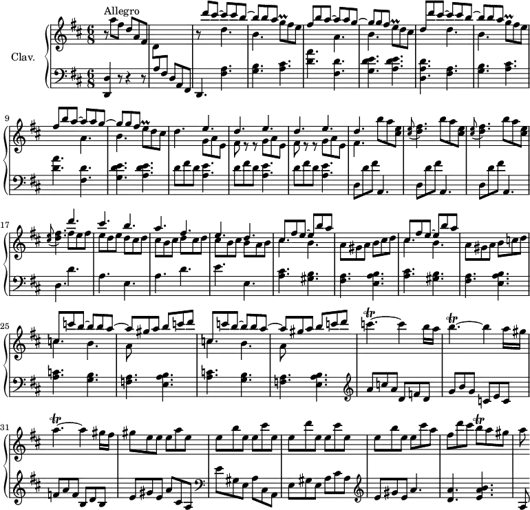 \version "2.18.2"
\header {
tagline = ##f
% composer = "Domenico Scarlatti"
% opus = "K. 137"
% meter = "Allegro"
}
%% les petites notes
trillGqUp = { \tag #'print { g'8\prall } \tag #'midi { \times 2/3 { g16 a g~ } } }
trillEp = { \tag #'print { e8\prall } \tag #'midi { \times 2/3 { e16 fis e~ } } }
trillBq = { \tag #'print { b8\trill } \tag #'midi { \times 2/3 { b16 cis b~ } } }
trillCpUp = { \tag #'print { c'4.\trill~ c4 } \tag #'midi { \times 2/3 { d16 c d c d c d c d c d c~ } c8~ } }
trillBp = { \tag #'print { b4.\trill~ b4 } \tag #'midi { \times 2/3 { c16 b c b c b c b c b c b~ } b8~ } }
trillAp = { \tag #'print { a4.\trill~ a4 } \tag #'midi { \times 2/3 { b16 a b b a b b a b a b a~ } a8~ } }
appolBq = { \tag #'print { \appoggiatura < cis e >8 < d fis >4. } \tag #'midi { < cis e >4 < d fis >8 } }
upper = \relative c'' {
\clef treble
\key d \major
\time 6/8
\tempo 4. = 110 % tempo Ross
\set Staff.midiInstrument = #"harpsichord"
\override TupletBracket.bracket-visibility = ##f
s8*0^\markup{Allegro}
r8 a'8 fis d a fis | \stemDown d \stemUp \change Staff = "lower" a fis \stemDown \change Staff = "upper" s4. r8 << { d'''8 cis~| cis8 cis b~ | b b a } \\ { s4 d,4. | b } >> \trillGqUp fis8 e |
% ms. 5
<< { fis8 b a~ | a a g~ | g g fis } \\ { s4. a,4. | b } >> \trillEp d8 cis | << { d8 d' cis~| cis8 cis b~ | b b a } \\ { s4. d,4. | b } >> \trillGqUp fis8 e | << { fis8 b a~ | a a g~ | g g fis } \\ { s4. a,4. | b } >>
% ms. 10 fin…
\trillEp d8 cis | d4. << { \repeat unfold 3 { e4. | d } } \\ { \repeat unfold 2 { g,8 a e | fis r8 r8 } g8 a e | fis4. } >> \repeat unfold 3 { b'8 a < cis, e >
% ms. 15
\appolBq }
<< { d'4. cis b a fis | e d }
\\ { fis8 e fis | e d e | d cis d | cis b cis | d cis d | cis b cis | b a b } >>
% ms. 21
<< { cis8 fis e~ | e b' a } \\ { \mergeDifferentlyDottedOn cis,4. b } >> | a8 gis a | b cis d | << { cis8 fis e~ | e b' a } \\ { cis,4. b } >> | a8 gis a | b c d |
% ms. 25
\repeat unfold 2 { << { c8 c' b~ b b a~ | a gis a | b c d } \\ { c,4. b | a8 s4 } >> }
% ms. 29
\trillCpUp b16 a | \trillBp a16 gis | \trillAp gis16 fis | gis8 e e e a e |
% ms. 33
e8 b' e, e cis' e, | e d' e, e cis' e, | e b' e, e cis' a | fis d' cis \trillBq a8 gis | a8
}
lower = \relative c' {
\clef bass
\key d \major
\time 6/8
\set Staff.midiInstrument = #"harpsichord"
\override TupletBracket.bracket-visibility = ##f
% ************************************** \appoggiatura a16 \repeat unfold 2 { } \times 2/3 { } \omit TupletNumber
< d,, d' >4 r8 r4 r8 | s4. d'8 a fis | d4. < fis' a >4. | < g b > < a cis > |
% ms. 5
< d a' >4. < fis, d' > | < g d' e > < a d e > | < d, a' d > < fis a > | < g b > < a cis > | < d a' >4. < fis, d' > |
% ms. 10
< g d' e > < a d e > | \repeat unfold 3 { d8 fis d | < a e' >4. } | \repeat unfold 3 { d,8 d' fis a,,4. }
% ms. 17
d4. d' | a e | a d |
% ms. 20
e4. e, | \repeat unfold 2 { < a cis >4. < gis b > | < fis a > < e a b > } |
% ms. 25
\repeat unfold 2 { < a c >4. < g b > | < f a > < e a b > }
% ms. 29
\clef treble a'8 c a | d, f d | g b g | c, e c | f a f | b, d b | e gis e | a cis, a | \clef bass
% ms. 33
e'8 gis, e a cis, a | e' gis e a cis a | \clef treble e' gis e a4. | < d, a' > < e a b > | a,8
}
thePianoStaff = \new PianoStaff <<
\set PianoStaff.instrumentName = #"Clav."
\new Staff = "upper" \upper
\new Staff = "lower" \lower
>>
\score {
\keepWithTag #'print \thePianoStaff
\layout {
#(layout-set-staff-size 17)
\context {
\Score
\override SpacingSpanner.common-shortest-duration = #(ly:make-moment 1/2)
\remove "Metronome_mark_engraver"
}
}
}
\score {
\keepWithTag #'midi \thePianoStaff
\midi { }
}