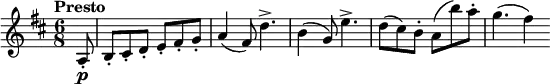 \version "2.18.2"
\relative c'' {
\key d \major
\time 6/8
\tempo "Presto "
\tempo 4 = 160
\partial 8 a,8-. \p
b-. cis-. d-. e-. fis-. g-.
a4 (fis8) d'4.->
b4 (g8) e'4.->
d8 (cis) b-. a (b') a-.
g4. (fis4)
}
