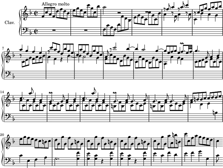 \version "2.18.2"
\header {
tagline = ##f
% composer = "Domenico Scarlatti"
% opus = "K. 469"
% meter = "Allegro molto"
}
%% les petites notes
trillFqp = { \tag #'print { f8.\prall } \tag #'midi { g32 f g f~ f16 } }
trillGp = { \tag #'print { g4.\prall } \tag #'midi { a32 g a g~ g4 } }
upper = \relative c'' {
\clef treble
\key f \major
\time 2/2
\tempo 2 = 92
\set Staff.midiInstrument = #"harpsichord"
\override TupletBracket.bracket-visibility = ##f
s8*0^\markup{Allegro molto}
f,8 c' a f d' f d bes | e g e c c' g c, bes' | a2 r2 |
% ms. 4
R1 | \stemUp r8 f8 a4 r8 a8 c4 | r8 c,8 e g f a g bes | a4 g f e |
% ms. 8
r8 c'8 a f d bes' g e | c a' f d bes g' e c | a r8 c'2 bes4^~ | bes a2 g4^~ |
% ms. 12
g8 e f g e4 \trillFqp e32 f | g4. g,8 a4 bes | c4. a'8 bes,4 a | \trillGp g8 a4 bes |
% ms. 16
c4. a'8 bes,4 a | \trillGp a8 \repeat unfold 2 { g4. a8 } g4. g8 | a b b c c d d \stemNeutral e |
% ms. 20
e8 g f e d c b c | d g, g' g, f' g, b g | \repeat unfold 2 { c8 g g' g, f' g, b g }
% ms. 24
c8 g g' g, a' a, b' b, | c' c, f a g f e d | c4
}
lower = \relative c' {
\clef bass
\key f \major
\time 2/2
\set Staff.midiInstrument = #"harpsichord"
\override TupletBracket.bracket-visibility = ##f
% ************************************** \appoggiatura a16 \repeat unfold 2 { } \times 2/3 { } \omit TupletNumber
R1*2 | f,8 c' a f d' \stemDown \change Staff = "upper" f d bes |
% ms. 4
e g e c c' g c, bes' | a4 r8 f8 a4 r8 a8 | c,4 bes' a g | r8 c,8 e g f a g bes |
% ms. 8
a4 f r4 bes_~ | bes a2 g4 | f8 c' a f d bes' g e | c a' f d bes g' e c |
% ms. 12
a4 a' g f | c8 d e c f c g' c, | a' c, a' c, g' c, f c | e c e c f c g' c, |
% ms. 16
a' c, a' c, g' c, f c | \repeat unfold 2 { b f' b, f' c e c e } | f4 d e \stemNeutral \change Staff = "lower" b
% ms. 20
c4 e, f a | g2. \repeat unfold 2 { < g f' >4 | < g e' > < g c > r4 } < g f' >4
% ms. 24
e'4 c f d | e f g g, c8 s8
}
thePianoStaff = \new PianoStaff <<
\set PianoStaff.instrumentName = #"Clav."
\new Staff = "upper" \upper
\new Staff = "lower" \lower
>>
\score {
\keepWithTag #'print \thePianoStaff
\layout {
#(layout-set-staff-size 17)
\context {
\Score
\override SpacingSpanner.common-shortest-duration = #(ly:make-moment 1/2)
\remove "Metronome_mark_engraver"
}
}
}
\score {
\keepWithTag #'midi \thePianoStaff
\midi { }
}
