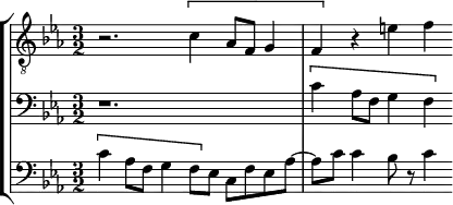 
\version "2.18.2"
\header {
  tagline = ##f
}
global= {
  \time 3/2
  \clef "treble_8"
  \key ees \major
    \set Staff.midiInstrument = #"orchestral harp"
}

dessus = \new Voice \relative c' {
  \set Staff.instrumentName = #""
 
   r2. \[ c4 aes8 f g4 f4\] r4 e'! f~ 
  
  % \addlyrics { Vos- tre-al- lée__ me des }
}

alto = \new Voice \relative c' {
  \set Staff.instrumentName = #""
  \clef bass

   r1. \[ c4 aes8 f g4 f4\]

}

basse = \new Voice \relative c' {
  \set Staff.instrumentName = #""
  \clef bass

  \[ c4 aes8 f g4 f8\] ees  c f ees aes~ aes c c4 bes8 r8 c4

}

\score {
  \new StaffGroup <<
    \new Staff << \global \dessus >>
    \new Staff << \global \alto >>
    \new Staff << \global \basse >>
  >>
  \layout {
    \context {
      \Score
      \remove "Metronome_mark_engraver"
    }
  }
  \midi { }
}
