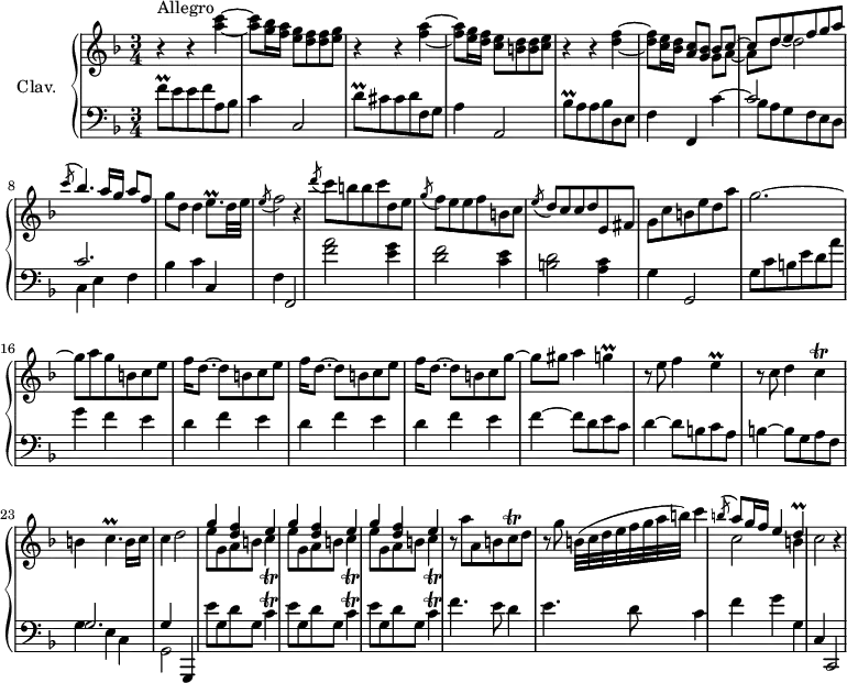 \version "2.18.2"
\header {
tagline = ##f
% composer = "Domenico Scarlatti"
% opus = "K. 524"
% meter = "Allegro"
}
%% les petites notes
trillFq = { \tag #'print { f8\prall } \tag #'midi { g32 f g f } }
trillDqUp = { \tag #'print { d'8\prall } \tag #'midi { e32 d e d } }
trillBesqUp = { \tag #'print { bes'8\prall } \tag #'midi { c32 bes c bes } }
trillEqp = { \tag #'print { e8.\prall } \tag #'midi { f32 e f e~ e16 } }
trillG = { \tag #'print { g4\prall } \tag #'midi { a32 g a g~ g8 } }
trillC = { \tag #'print { c4\trill } \tag #'midi { d32 c d c~ c8 } }
trillCp = { \tag #'print { c4.\prall } \tag #'midi { d32 c d c~ c4 } }
trillCq = { \tag #'print { c8\trill } \tag #'midi { d32 c d c } }
trillD = { \tag #'print { d4\prall } \tag #'midi { e32 d e d~ d8 } }
trillE = { \tag #'print { e4\prall } \tag #'midi { f32 e f e~ e8 } }
upper = \relative c'' {
\clef treble
\key f \major
\time 3/4
\tempo 4 = 112
s8*0^\markup{Allegro}
r4 r4 < a' c >4~ | q8 < g bes >16 < f a > < e g >8 < d f > q < e g > | r4 r4 < f a >4~ |
q8 < e g >16 < d f > < c e >8 < b d > q < c e > |
% ms. 5
r4 r4 < d f >4~ | q8 < c e >16 < bes d > < a c >8 < g bes >
<< { bes8 c~ | c d e f g a | \acciaccatura c8 bes4. a16 g a8 f }
\\ { g,8 a~ a d~ d2 } >>
% ms. 9
g8 d d4 \trillEqp d32 e | \acciaccatura e8 f2 r4 | \acciaccatura d'8 c8 b b c d, e | \acciaccatura g8 f8 e e f b, c |
% ms. 13
\acciaccatura e8 d8 c c d e, fis | g c b e d a' | g2.~ | g8 a g b, c e |
% ms. 17
\repeat unfold 2 { f16 d8.~ d8 b c e } | f16 d8.~ d8 b c g'~ | g8 gis a4 \trillG |
% ms. 21
r8 e8 f4 \trillE | r8 c8 d4 \trillC | b4 \trillCp b16 c | c4 d2 |
% ms. 25
\repeat unfold 3 { << { g4 < d f > e } \\ { e8 g, a b \trillC } >> } r8 a'8 a, b \trillCq d8 |
% ms. 29
r8 g8 b,32( c d e f g a b) c4 | << { \acciaccatura b8 \stemUp a8 g16 f e4 \trillD } \\ { c2 b4 } >> c2 r4 |
}
lower = \relative c' {
\clef bass
\key f \major
\time 3/4
% ************************************** \appoggiatura a16 \repeat unfold 2 { } \times 2/3 { } \omit TupletNumber
\trillFq e8 e f a, bes | c4 c,2 | \trillDqUp cis8 cis d f, g | a4 a,2 |
% ms. 5
\trillBesqUp a8 a bes d, e | f4 f, << { \stemDown c''4~ | \stemUp c2 s4 | c2. } \\ { s4 bes8 a g f e d | c4 e f } >> |
% ms. 9
bes4 c c, | f f,2 | < f'' a >2 < e g >4 | < d f >2 < c e >4 |
% ms. 13
< b d >2 < a c >4 | g g,2 | g'8 c b e d a' | g4 f e |
% ms. 17
\repeat unfold 3 { d4 f e } | f4~ f8 d e c |
% ms. 21
d4~ d8 b c a | b4~ b8 g a f | << { g2. | g4 } \\ { g4 e c | g2 } >> g,4 |
% ms. 25
\repeat unfold 3 { e'''8 g, d' g, \trillC } | f4. e8 d4 |
% ms. 29
e4. d8 c4 | f g g, c, c,2 |
}
thePianoStaff = \new PianoStaff <<
\set PianoStaff.instrumentName = #"Clav."
\new Staff = "upper" \upper
\new Staff = "lower" \lower
>>
\score {
\keepWithTag #'print \thePianoStaff
\layout {
#(layout-set-staff-size 17)
\context {
\Score
\override TupletBracket.bracket-visibility = ##f
\override SpacingSpanner.common-shortest-duration = #(ly:make-moment 1/2)
\remove "Metronome_mark_engraver"
}
}
}
\score {
\keepWithTag #'midi \thePianoStaff
\midi { \set Staff.midiInstrument = #"harpsichord" }
}