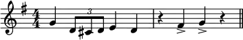 
\relative g' { \key g \major
\numericTimeSignature\time 4/4
\set Score.tempoHideNote = ##t \tempo 4=180
g4 \times 2/3 {
d8 [ cis8 d8 ] }
e4 d4 |
r4 fis4-> g4-> r4
\bar "||" }
