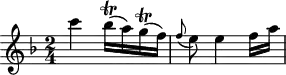 
\header {
  tagline = ##f
}

\score {
  \new Staff \with {

  }
<<
  \relative c'' {
    \key f \major
    \time 2/4
    \override TupletBracket #'bracket-visibility = ##f 
    \autoBeamOff

     %%%%%%%%%%%%%%%%%%%%%%%%%% K13
     c'4 bes16\trill[( a) g\trill( f)] \grace f8( e8) e4 f16[ a]
    
  }
>>
  \layout {
    \context {
      \remove "Metronome_mark_engraver"
    }
  }
  \midi {}
}
