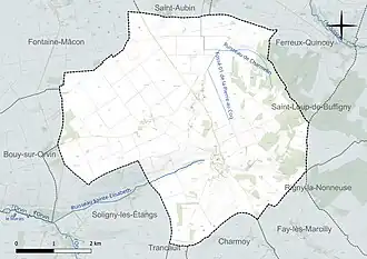 Carte en couleur présentant le réseau hydrographique de la commune