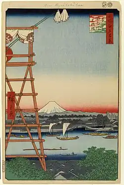 Estampe ukiyo-e de Utagawa Hiroshige montrant la tour d'Ekōin où résonnent les roulements de tambour qui annoncent le début d'un tournoi de sumo, extrait des Cent vues d'Edo.