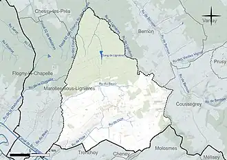 Carte en couleur présentant le réseau hydrographique de la commune