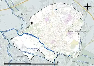 Carte en couleur présentant le réseau hydrographique de la commune