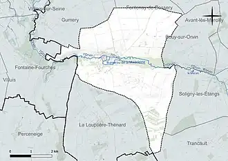 Carte en couleur présentant le réseau hydrographique de la commune