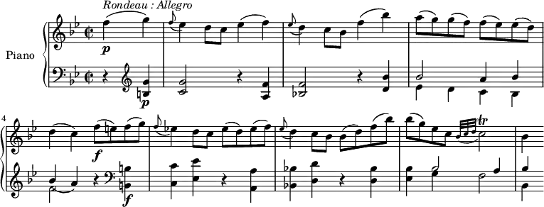 
\version "2.18.2"
\header {
  tagline = ##f
}

  
  
  
upper = \relative c' {
  \clef treble 
  \key bes \major
  \time 2/2
  \tempo "Allegro" 4 = 140

   \partial 2 f'4 \p ^\markup{ \italic {Rondeau : Allegro} } (g)
   \grace f8 (ees4) d8 c ees4 (f)
   \grace ees8 (d4) c8 bes f'4 (bes)
   a8 (g) g (f) f (ees) ees (d)
   d4 (c) f8\f (e) f (g)
   \grace f8 (ees!4) d8 c ees (d) ees (f)
   \grace ees8 (d4) c8 bes bes (d) f (bes)
   bes (g) ees c)  \grace {bes32 (c d} c2)  \trill
   bes4
}

lower = \relative c {
  \clef bass
  \key bes \major
  \time 2/2
    \partial 2  r4  \clef treble <b' g'>4 \p
    <c g'>2 r4 <a f'>4
    <bes! f'>2 r4 <d bes'>4
    <<{\stemDown ees4 d c bes f'2 } \\ {  \stemUp bes2 a4 bes bes (a))}>> r4  \clef bass
    <b,, b'>4  \f <c c'> <ees ees'>  r <a, a'>
    <bes! bes'!> <d d'> r <d bes'>
    <ees bes'> <<{\stemDown g4 f2 bes,4 } \\ {  \stemUp bes'2 a4 bes}>>
} 

\score {
  \new PianoStaff <<
    \set PianoStaff.instrumentName = #"Piano"
    \new Staff = "upper" \upper
    \new Staff = "lower" \lower
  >>
  \layout {
    \context {
      \Score
      \remove "Metronome_mark_engraver"
    }
  }
  \midi { }
}

