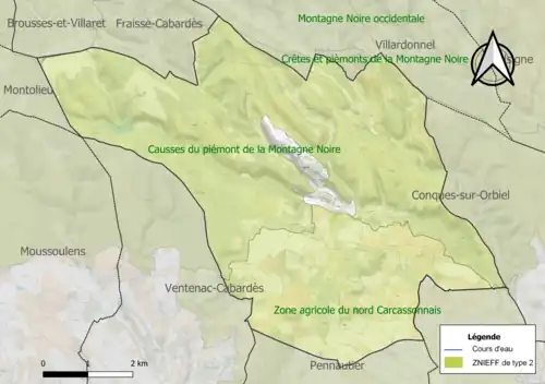 Carte des ZNIEFF de type 2 sur la commune.