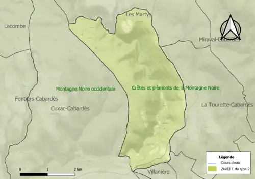Carte des ZNIEFF de type 2 sur la commune.