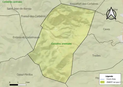 Carte de la ZNIEFF de type 2 sur la commune.