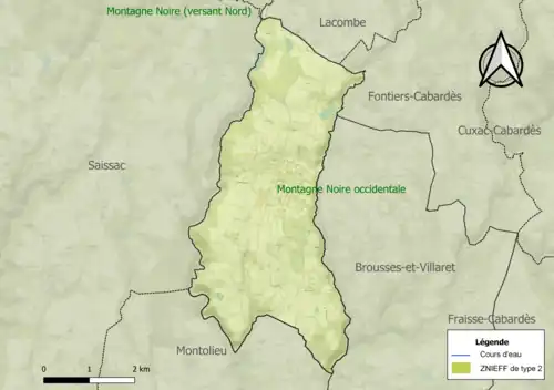 Carte des ZNIEFF de type 2 sur la commune.