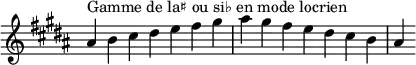 {
\override Score.TimeSignature #'stencil = ##f
\relative c'' {
\key ais \locrian
\clef treble \time 7/4
ais4^\markup { Gamme de la♯ ou si♭ en mode locrien } b cis dis e fis gis ais gis fis e dis cis b ais
} }