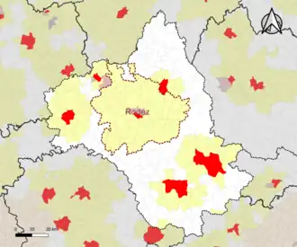 Localisation de l'aire d'attraction de Rodez dans le département de l'Aveyron.