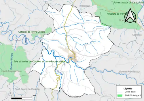Carte de la ZNIEFF de type 1 de la commune.