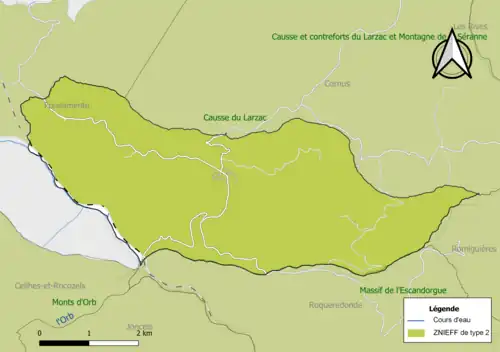 Carte de la ZNIEFF de type 2 de la commune.