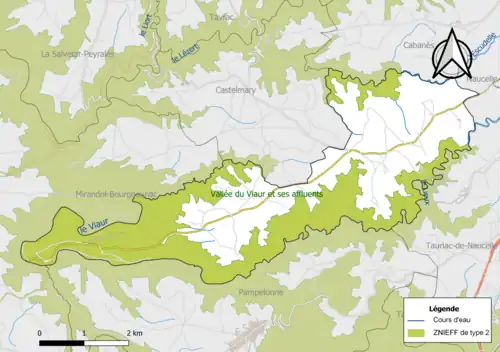 Carte de la ZNIEFF de type 2 de la commune.