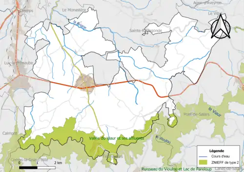 Carte de la ZNIEFF de type 2 de la commune.