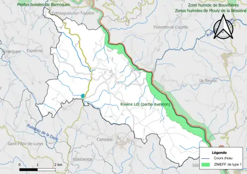 Carte de la ZNIEFF de type 1 de la commune.