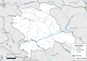 Carte en couleur présentant le réseau hydrographique de la commune