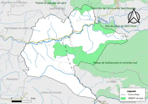 Carte des ZNIEFF de type 1 de la commune.