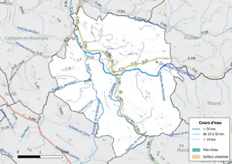 Carte en couleur présentant le réseau hydrographique de la commune