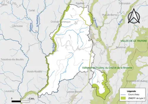 Carte des ZNIEFF de type 2 de la commune.