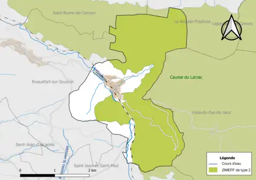 Carte de la ZNIEFF de type 2 de la commune.