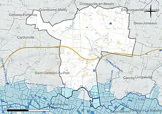 Carte en couleur présentant le réseau hydrographique de la commune