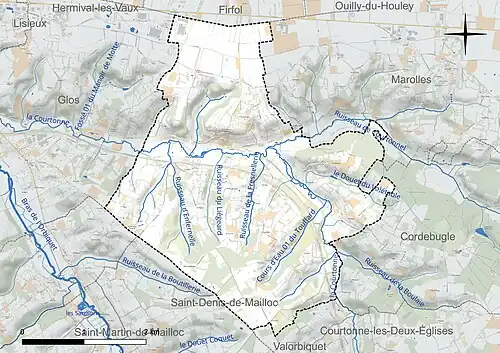 Carte en couleur présentant le réseau hydrographique de la commune
