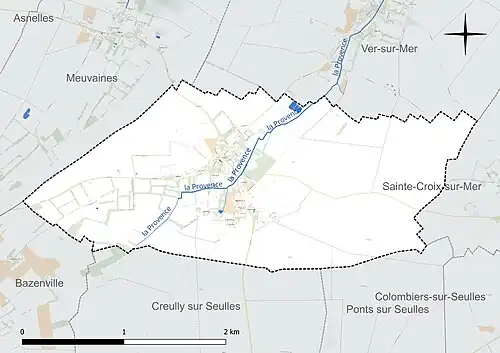 Carte en couleur présentant le réseau hydrographique de la commune