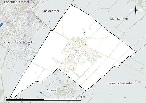 Carte en couleur présentant le réseau hydrographique de la commune