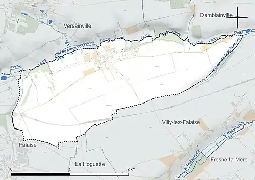 Carte en couleur présentant le réseau hydrographique de la commune