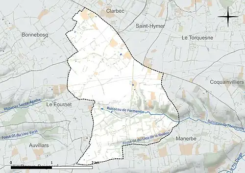 Carte en couleur présentant le réseau hydrographique de la commune