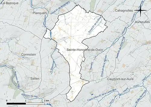 Carte en couleur présentant le réseau hydrographique de la commune