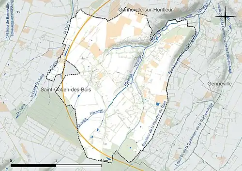 Carte en couleur présentant le réseau hydrographique de la commune