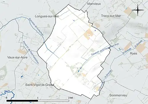 Carte en couleur présentant le réseau hydrographique de la commune