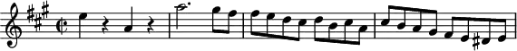 \version "2.18.2"
\header {
tagline = ##f
}
\score {
\new Staff \with {
}
<<
\relative c'' {
\key a \major
\time 2/2
\tempo 2 = 120
\override TupletBracket #'bracket-visibility = ##f
%%Mozart — Concerto 23, mvt 3, th. 1
e4 r4 a, r4 a'2. gis8 fis fis e d cis d b cis a cis b a gis fis e dis e
}
>>
\layout {
\context { \Score \remove "Metronome_mark_engraver" }
}
\midi {}
}