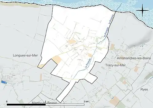 Carte en couleur présentant le réseau hydrographique de la commune