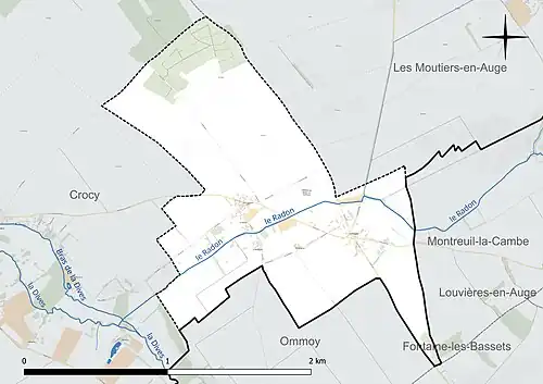 Carte en couleur présentant le réseau hydrographique de la commune