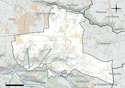 Carte en couleur présentant le réseau hydrographique de la commune