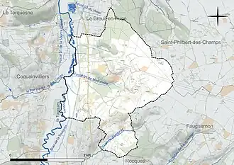 Carte en couleur présentant le réseau hydrographique de la commune