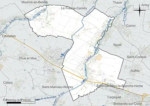 Carte en couleur présentant le réseau hydrographique de la commune